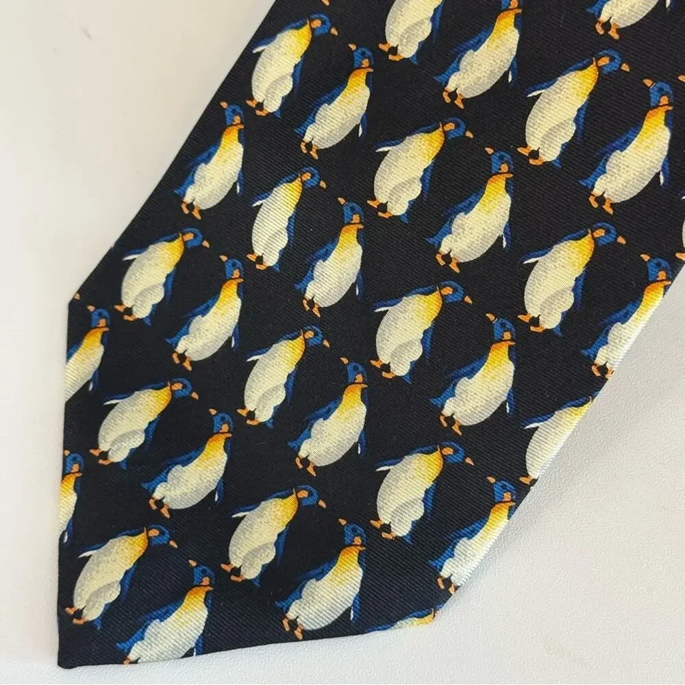 Michel Rouen Soie Mens Black Repeat Penguin Pointed Adjustable Pure Silk Necktie
